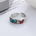 wholesale S925 Sterling Silver Retro Vintage Drip Glaze Matte Craft Lotus Koi Ethnic Style Adjustable Ring-0-1