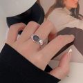 wholesale 925 Sterling Silver Unique Gray Black Agate Open Adjustable Ring for Women, New Ins Trendy Minimalist Band-0-0