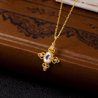 wholesale S925 gold-plated silver Japanese light luxury moonstone vintage European style necklace, versatile as a sweater chain-Light Luxury Moonstone Cross Pendant 925 Silver