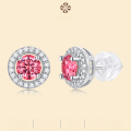 wholesale S925 Sterling Silver Pink Moissanite Round Stud Earrings with Diamond Accents, New Women's Ear Jewelry Gift, Ready to Ship Wholesale-0-0