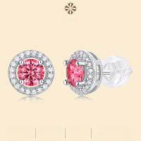 wholesale S925 Sterling Silver Pink Moissanite Round Stud Earrings with Diamond Accents, New Women's Ear Jewelry Gift, Ready to Ship Wholesale-50 points*2 Moissanite 925 silver