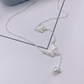 wholesale Sterling Silver S990 Two Butterflies Dancing Tassel Mother-of-Pearl Pearl Necklace Fashion Minimalist Niche Design Collarbone Chain-0-2