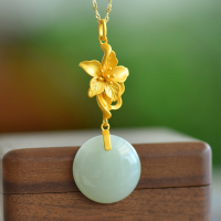 wholesale 925 Silver Gold-Plated with Certificate, Round Drum Surface Jade Pendant, Original Light Luxury Design Floral Inlay Hetian Jade Necklace-Gold-plated round Hetian jade pendant (without chain)