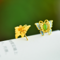 wholesale Gold-plated 925 silver with certificate new Chinese-style palace earrings cloisonné enamel butterfly inlaid with Hetian jade ear studs-0-5