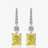 wholesale Metal: 925 Silver, 4ct Yellow Rectangular High Carbon Diamond Earrings 8*10 Ice Flower Cut with Hook Earwire-White【E-0213】 Main Stone 8*10