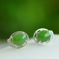 wholesale 925 Sterling Silver Hollow-Out Inlaid Hetian Jade Earrings with Certificate, Egg-Surface Green Jade Earrings for Women-0-0