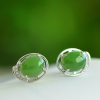 wholesale 925 Sterling Silver Hollow-Out Inlaid Hetian Jade Earrings with Certificate, Egg-Surface Green Jade Earrings for Women-Jasper 8*10mm 925 silver
