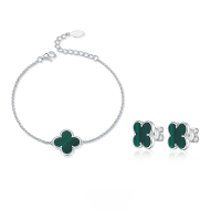 wholesale 925 Sterling Silver Natural Malachite Four-Leaf Clover Bracelet with Ins Small and Advanced Style Lucky Stud Earrings-Malachite Bracelet 925 Silver