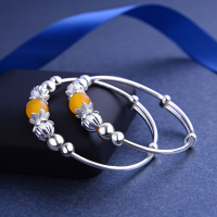 wholesale S990 Sterling Silver Yellow Chalcedony Bead Baby Bracelet Anklet for Unisex Infants and Children, Ideal for Full Moon Celebration Gifts-Pure silver bracelets (a pair)