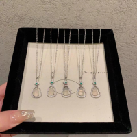 wholesale S925 Sterling Silver White Chalcedony Gourd Necklace, New Chinese-style Icy Clear Double-layer Small Fortune Pendant Exquisite Collarbone Chain Necklace-Platinum>925 silver