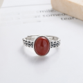 wholesale S925 Sterling Silver Vintage Antique Style Coin Design Trendy Southern Red Agate Adjustable Open Ring for Women-0-2