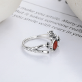 wholesale S925 Sterling Silver Vintage Leaf and Floral Design with Inlaid Southern Red Agate Ring, Pastoral Style Index Finger Ring-0-3