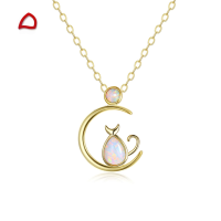 wholesale S925 Silver Japanese Style Young Girl Moon Cat Synthetic Opal Pendant Necklace Jewelry-17B White Opal Reddish White
