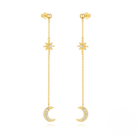 wholesale S925 Sterling Silver Fashion Star Moon Chain Earrings With Tassel, Inlaid Zircon, And Octagram-Gold#2 925 Silver