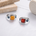 wholesale S925 Sterling Silver Vintage Style Oxidized Square Wax Amber Blood Resin Drop Glue Flower Antique Design Adjustable Ring for Women-0-4