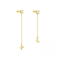 wholesale S925 Sterling Silver Simple Zircon-inlaid Chain Tassel Star And Moon Ear Studs-Gold 925 silver
