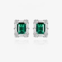 wholesale S925 silver new rectangular 2ct Zambian-color lab-grown emerald 7*9 sparkling stud earrings for women-Zambian Cultured Emerald [E-2466] &gt; 925 Silver