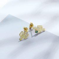 wholesale 925 Sterling Silver Minimalist Cute Cactus Earrings with Natural Zambian Emerald Asymmetric Earrings Wholesale Drop Shipping-Cactus Asymmetrical Earrings>925 Silver