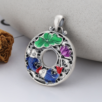 wholesale Sterling Silver Yunchao Xuan S990 Vintage Ethnic Style Lotus Leaf Resin Enamel Koi Playing in the Riverside Peace Pendant-YP148M/single pendant approx. 9.5g sterling silver