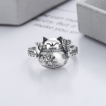 wholesale S925 Sterling Silver Retro Matte Antique Craft Fortune Cat Holding a Banana Leaf Fan Style Adjustable Ring-0-2