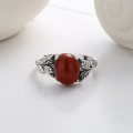 wholesale S925 Sterling Silver Retro Vintage Rustic Style Leaf Three-Dimensional Design with Southern Red Agate Openable Ring-0-1