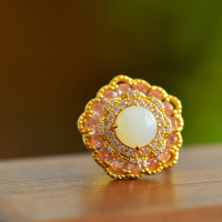 wholesale Metal with certificate 925 silver gold-plated openwork set with adjustable jade ring fashion lightweight Hetian jade openable women's ring-Gold model Adjustable opening