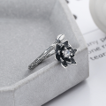 wholesale S925 Sterling Silver Vintage Matte Branch Texture Creative Ring Setting with Red Zirconia Flower Adjustable Open Ring-0-3