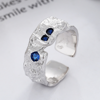 wholesale S925 Sterling Silver Cold Tone Crinkle Foil Texture with Blue Zircon Embellishment Icy Aesthetic Adjustable Ring-DJ1183/Platinum approx. 6.1g &gt; Adjustable opening