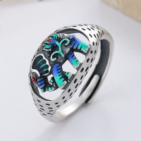 wholesale S925 Sterling Silver Enamel Dripping Resin Openwork Animal Auspicious Elephant Ring in Retro Exotic Style-788J/approx. 5g Adjustable opening