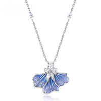 wholesale S925 Sterling Silver Fashion Popular Plique-à-Jour Blue Iris Pendant Choker Necklace Minimalist Floral Design-Thick Silver Platinum 925 Silver