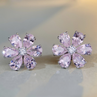 wholesale S925 Sterling Silver Pink Flower Earrings for Women Wholesale, Pink Gemstone, Small Niche, Sparkling Zircon, Cross-Border Best Seller-Six-flower rose-red necklace 925 silver