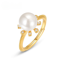wholesale S925 Sterling Silver Fashionable Autumn Winter New Pearl Anemone Ring for Women, Niche Wholesale Accessories-10K gold + swimming paint Adjustable opening