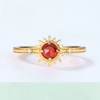 wholesale S925 Silver Gold-Plated Japanese Retro Style Mozambique Garnet Sunflower Ring for Women, Light Luxury Small Adjustable Ring-Garnet Opening adjustable