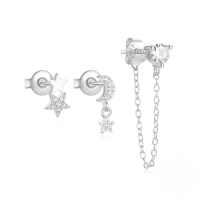 wholesale S925 Sterling Silver With Inlaid Zircons Star And Moon Marquise Earrings, Ear Hoops, Popular Among European And American Ins Trendsetters-3-piece set - Platinum #5 925 silver