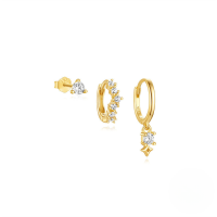 wholesale S925 Sterling Silver Star Geometric Pendant Earring Set With Inlaid Zircon Flower Studs And Hoops-3-piece set Gold#1 925 silver