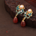 wholesale 925 silver earrings with certificate, new Chinese-style antique earrings, trendy enamel butterfly inlaid with red agate and chalcedony-0-0