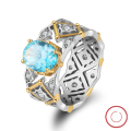 wholesale S925 Sterling Silver Cloud-Pull Jewelry Oval-Shaped Synthetic Aquamarine Zircon Wide Band Statement Ring-0-0