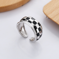 wholesale S925 Sterling Silver Ins Black and White Checkerboard Drip Glaze Ring, Versatile Luxury Trendy Sweet and Cool Adjustable Opening Ring-0-0