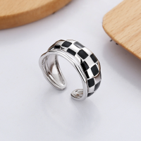 wholesale S925 Sterling Silver Ins Black and White Checkerboard Drip Glaze Ring, Versatile Luxury Trendy Sweet and Cool Adjustable Opening Ring-DJ1161/Platinum approx. 4.5g &gt; Adjustable opening