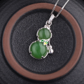 wholesale 925 Sterling Silver with Certified Green Jade Inlaid Gourd Necklace, New Chinese Style Jade Pendant, Green Jade Pendant for Women Wholesale-0-0