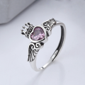 wholesale S925 Sterling Silver Fashion Brilliant Love Pink Diamond Crown Angel Wing Gemstone Open Adjustable Ring-0-0