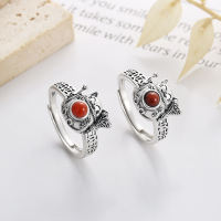wholesale S925 Sterling Silver 3D Lucky Cat Coin Inlaid with Red Agate Ring Retro Chinese Style Index Finger Ring-874FJ/polished about 3.3g Opening adjustable