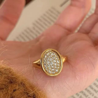 wholesale S925 sterling silver gold-plated vintage style oval full pave diamond ring, advanced and versatile luxury-R1438 Gold 7