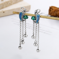 wholesale S925 Sterling Silver Retro Resin Enamel Ornate Crane Holding Lotus Ethnic Style Long Earrings-YFR159M/approx. 5.7g 925 silver