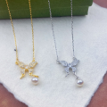 wholesale S925 Sterling Silver Butterfly Diamond-Encrusted Tassel Freshwater Pearl Necklace Fashion Minimalist Niche Luxury Sense Collarbone Chain-0-3