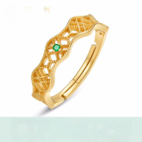 wholesale S925 Sterling Silver Japanese Light Luxury Natural Emerald Geometric Hollow-Out Vintage Stylish Women's Plated Gold Ring-Emerald>Adjustable opening