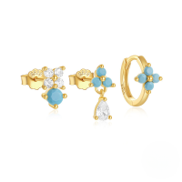 wholesale S925 Sterling Silver Fashion Floral Teardrop Crystal Turquoise C-shaped Earring Set, Hot Selling-Set of 3 - Gold#1 925 Silver