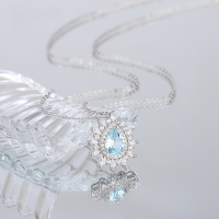 wholesale S925 Sterling Silver Aquamarine Teardrop Gemstone Inlaid Pendant Necklace with Gold Zircon Collarbone Chain, High-end-xb667-white gold aquamarine