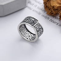 wholesale S990 Silver Antiqued Matte Wide Hollow Heart Sutra Ring with Ethnic Tribal Pattern for Index Finger-933JMJ/approx. 5.6g Adjustable opening