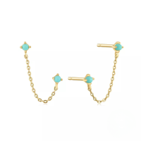 wholesale S925 Sterling Silver Mini Four-paw Turquoise Inlaid Zircon Chain Tassel Earring-Gold-Style 3 925 Silver
